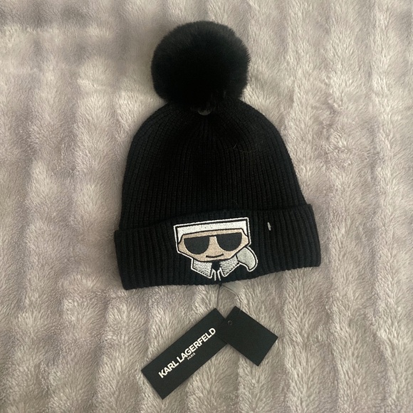 Karl Lagerfeld Beanie - Black - With Pom and Rhinestoned Iconic Logo - NWT - Picture 1 of 3